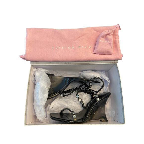 Jessica Rich Diamond Embellished Ankle Strap Wedge Sandals Square Toe Black 7/37 - Picture 11 of 13